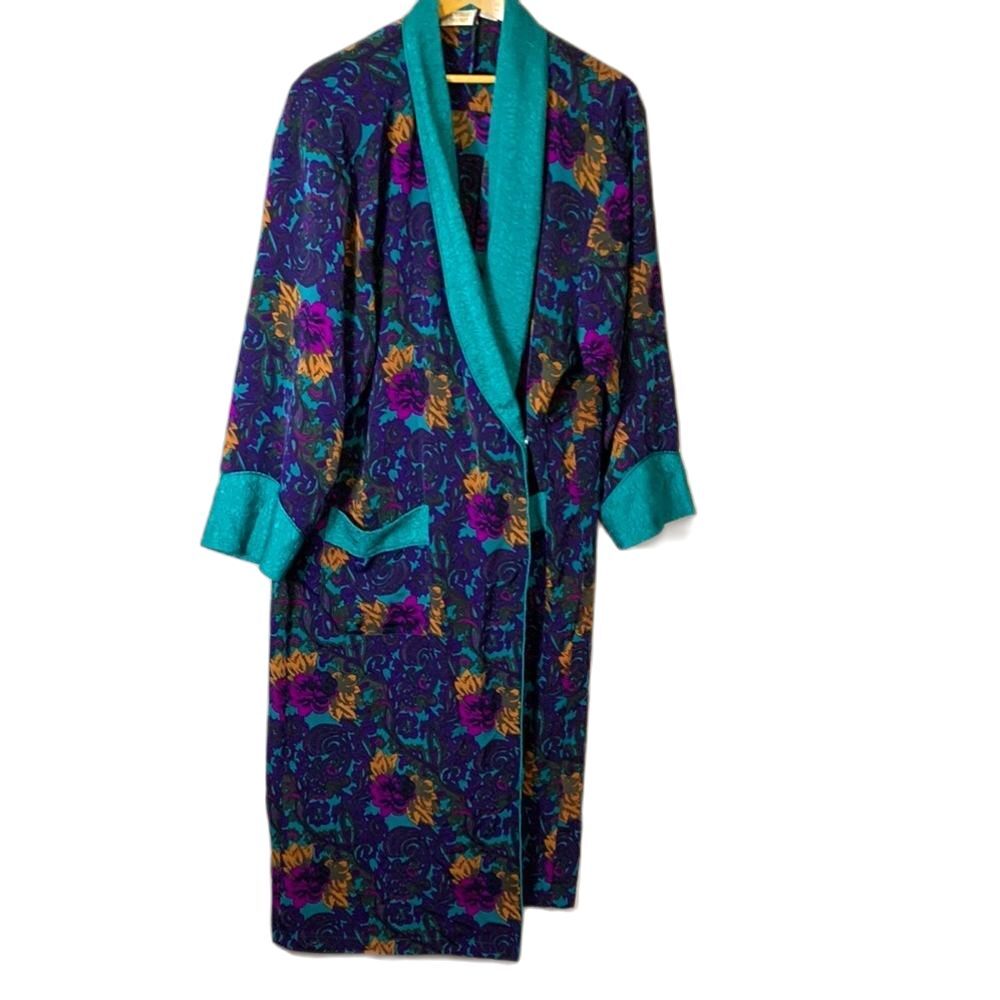 Vintage 80s Victoria’s Secret Turquoise Floral Paisley Satin Long Robe Size L - Picture 2 of 16
